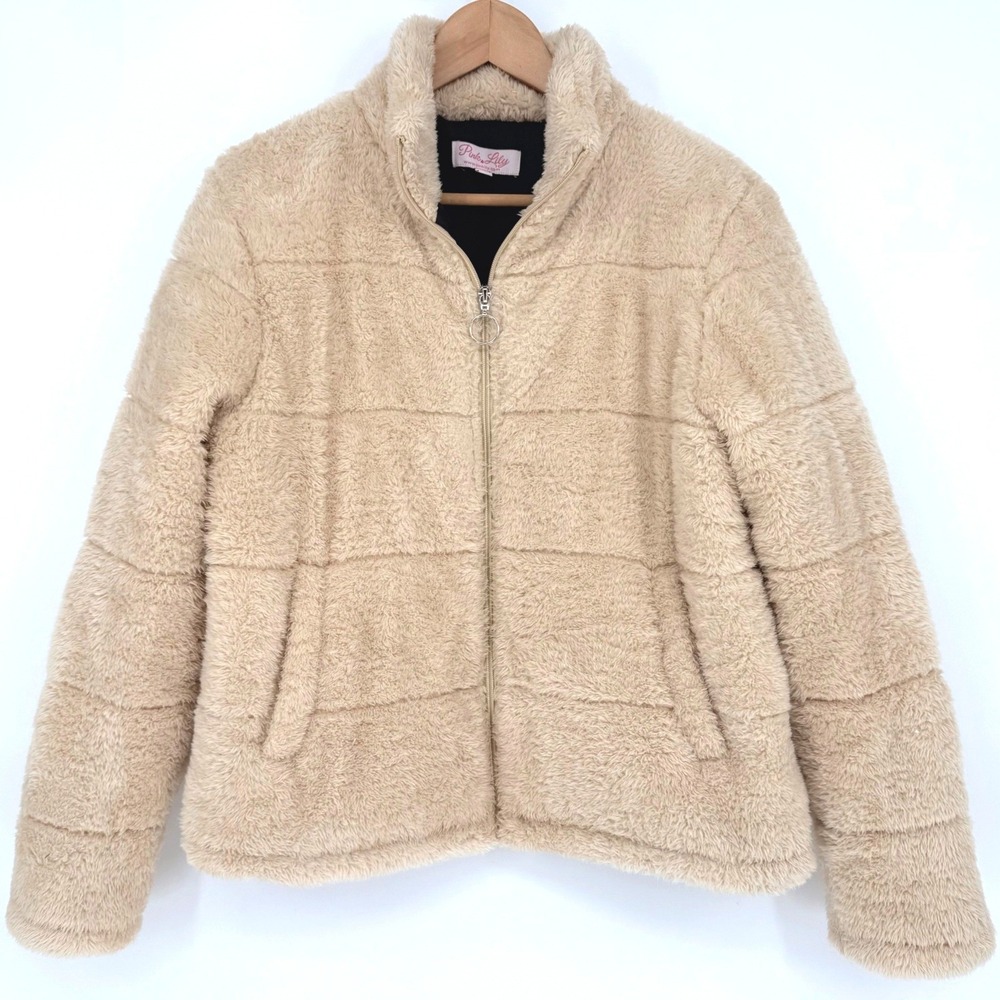Pink Lily Sherpa Womens Faux Fur Quilted Puffer Jacket Beige Cream Zip Up Small‎
